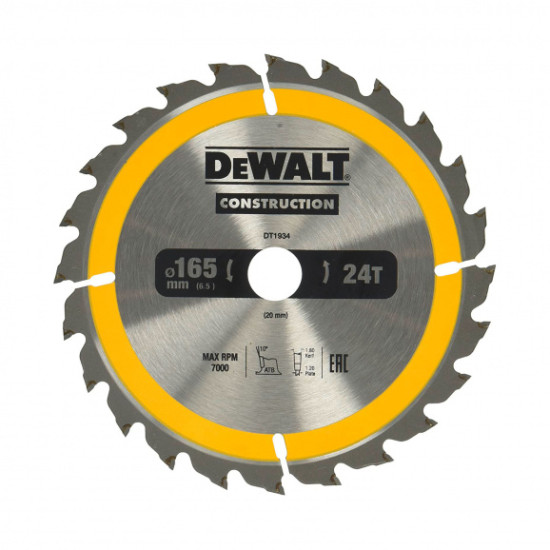 Диск с твърдосплавни пластини DeWALT DT1934, 165/1.8/20 Z=24